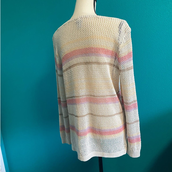 Chico’s Women's Cream Stripe Open Knit Long Sleeve Sweater - Picture 6 of 9